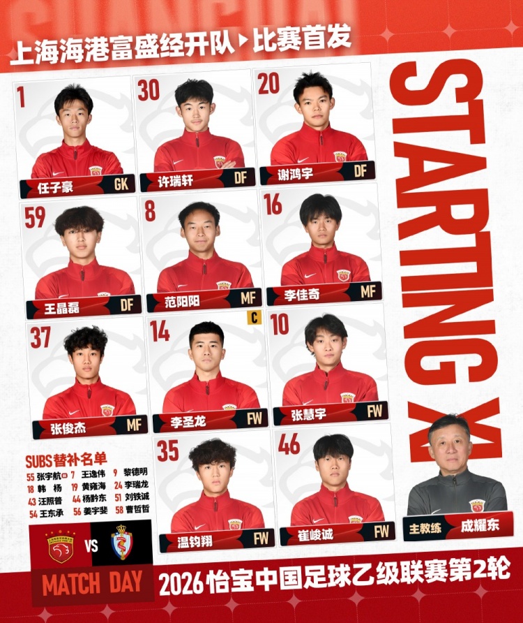 世界杯官方入口-2026中乙联赛第2轮：上海海港B队vs海门珂缔缘，今日首发名单
